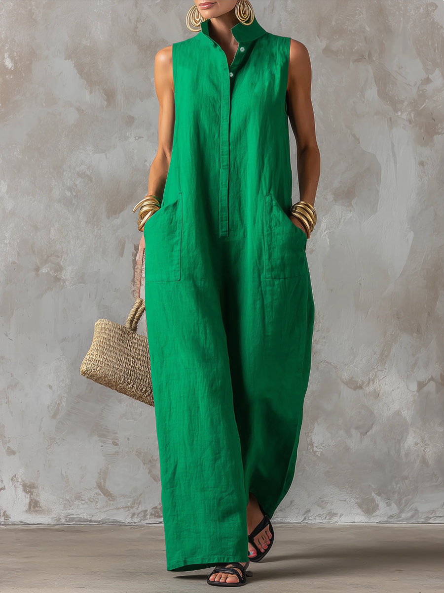 Solid Color Pockets Buttoned Wide Leg Sleeveless Stand Collar Jumpsuits
