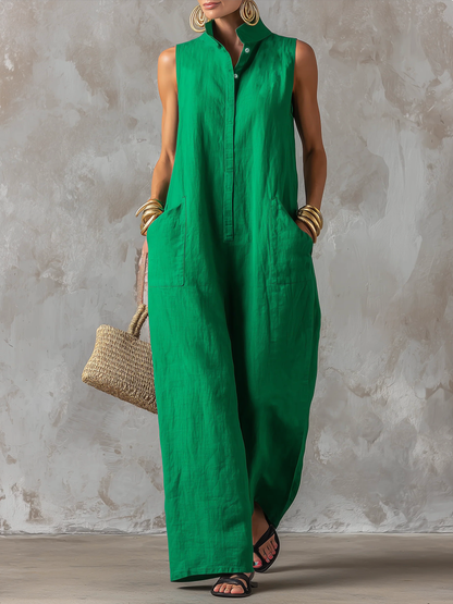 Solid Color Pockets Buttoned Wide Leg Sleeveless Stand Collar Jumpsuits