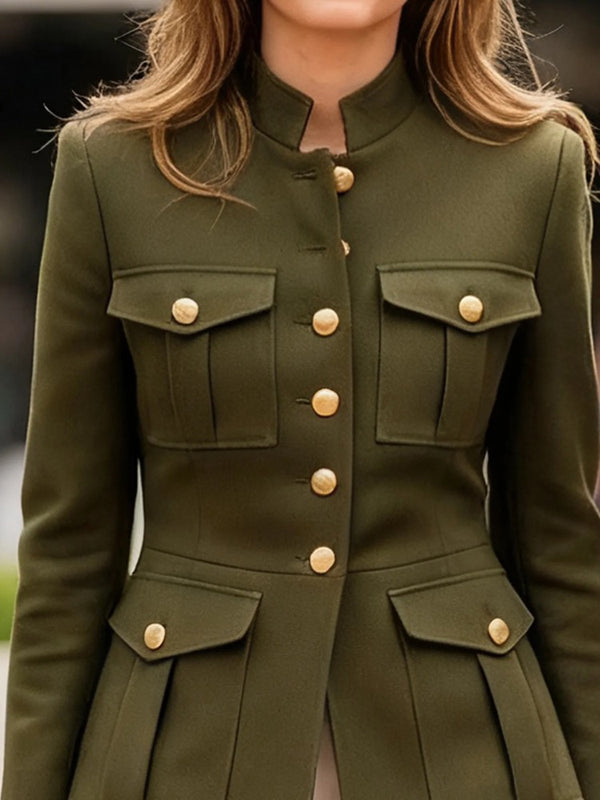 Long Sleeves Buttoned Pleated Pockets Solid Color Stand Collar Outerwear