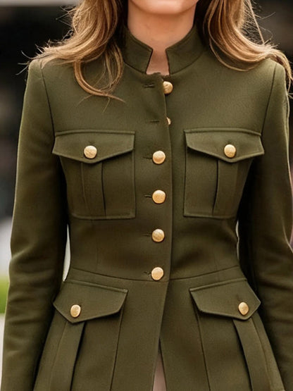 Long Sleeves Buttoned Pleated Pockets Solid Color Stand Collar Outerwear