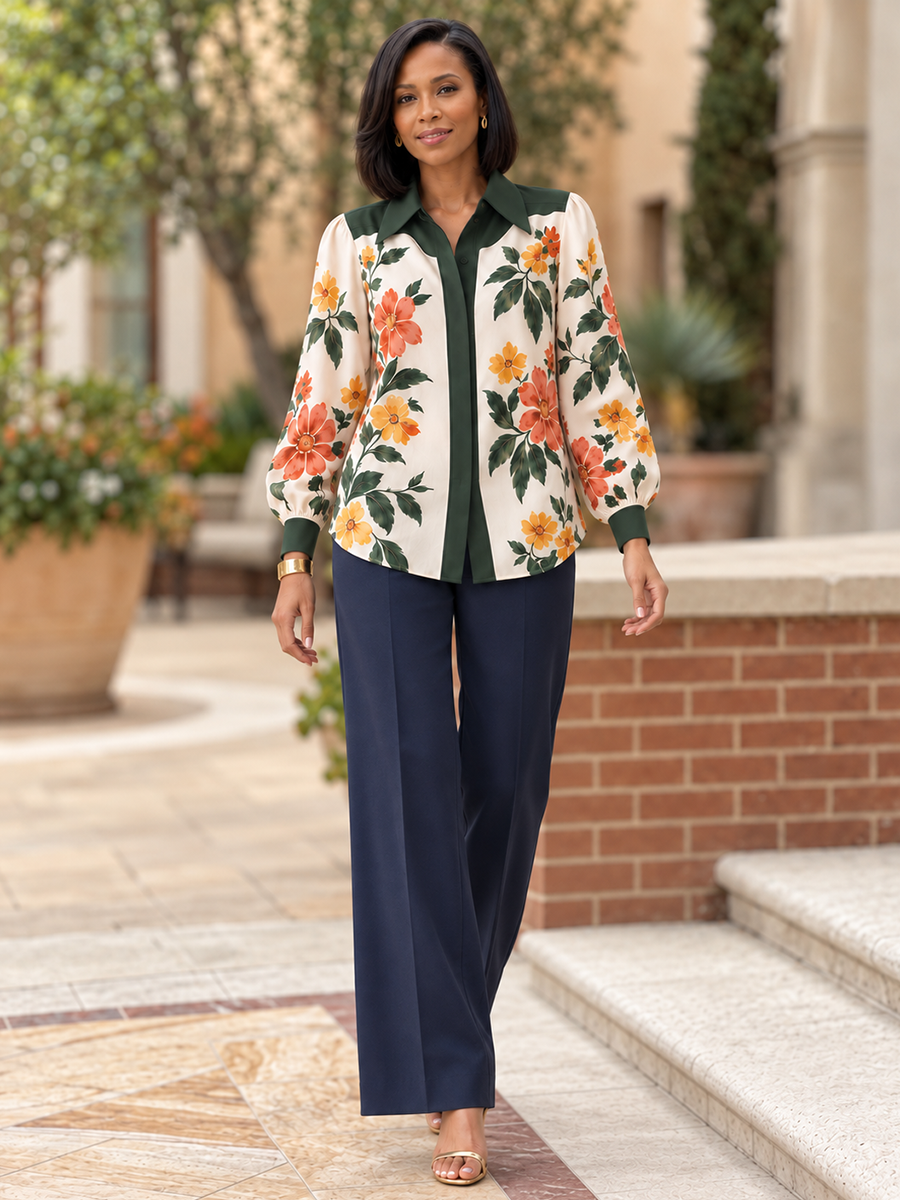 Split-Joint Flower Print Contrast Color Buttoned Long Sleeves Lapel Blouses&shirts Tops
