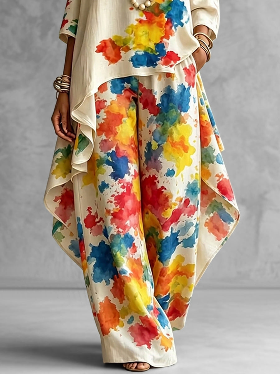 High Waisted Wide Leg Colorful Contrast Color Pockets Printed Pants Trousers