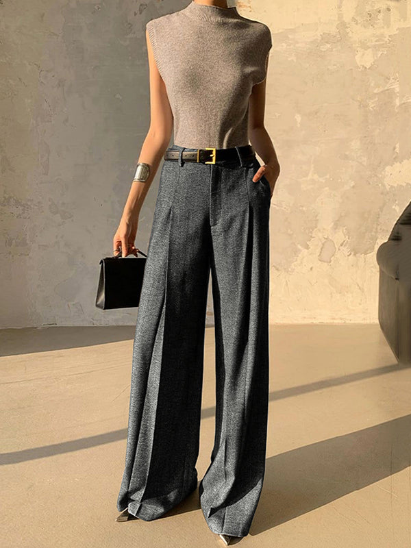 Loose Belted Solid Color Zipper Suit Pants Trousers