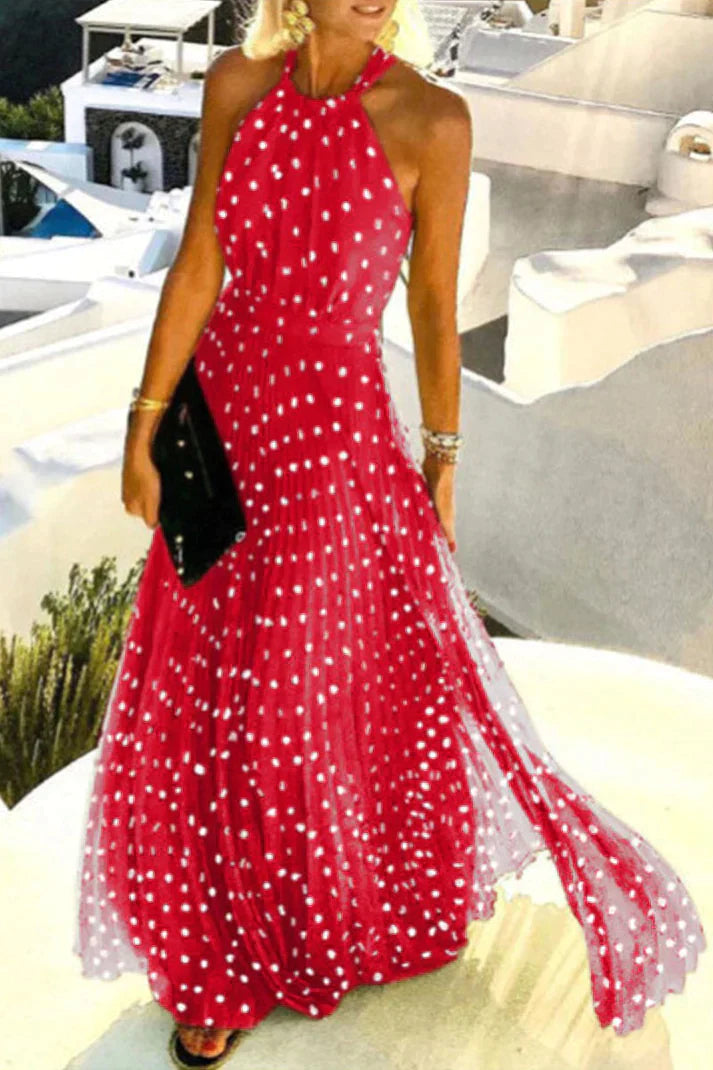 Santorini | Women's Halter Neck Maxi Dress Pleated Boho Print