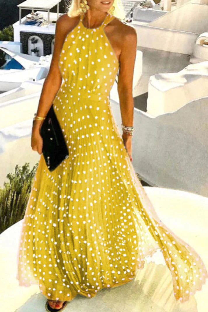 Santorini | Women's Halter Neck Maxi Dress Pleated Boho Print