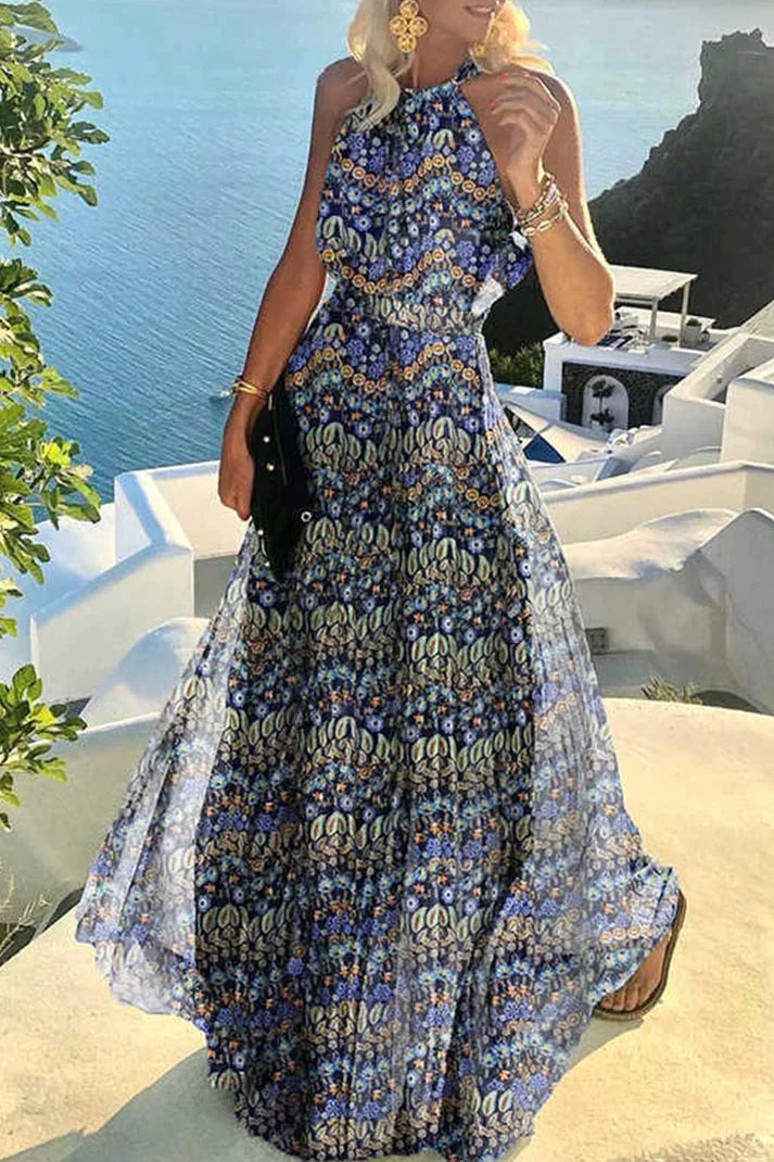 Santorini | Women's Halter Neck Maxi Dress Pleated Boho Print