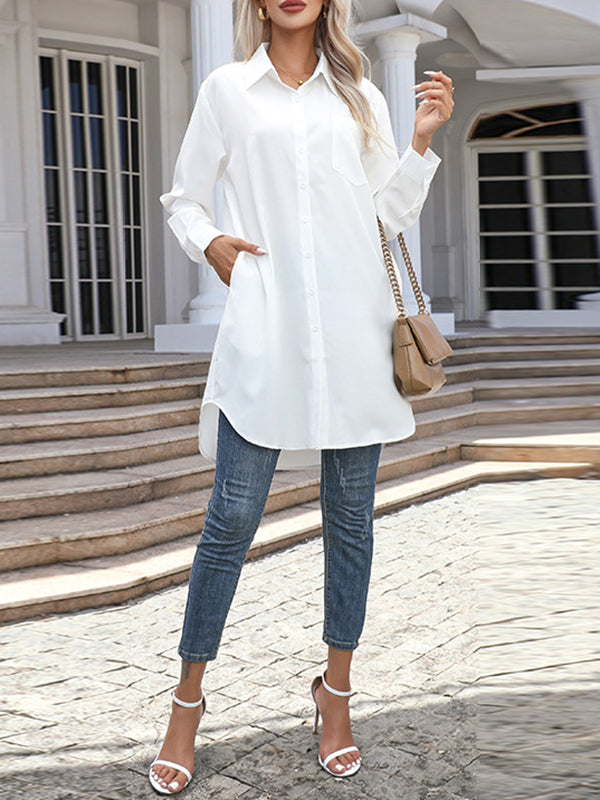 High-Low Irregular Clipping Solid Color Split-Joint Lapel Blouses