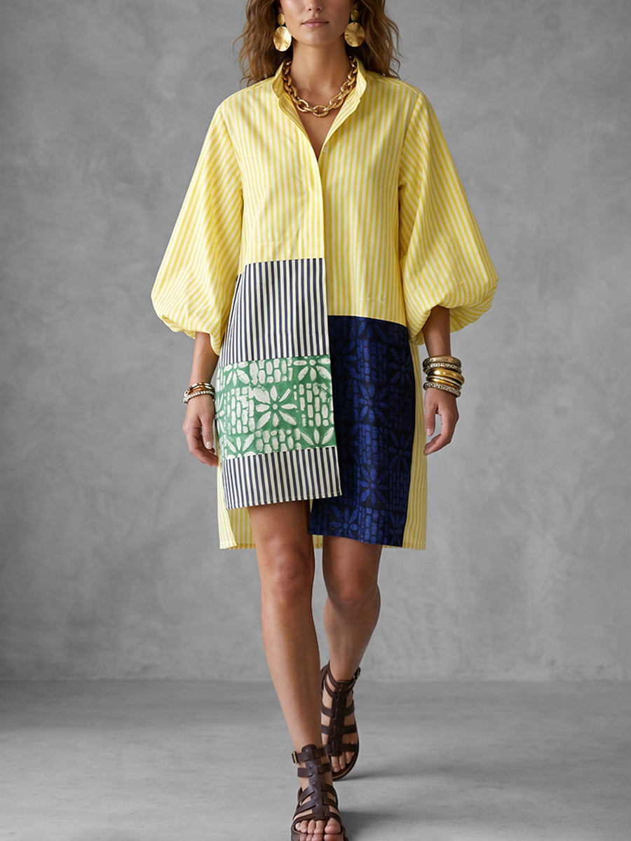 High-Low Long Sleeves Asymmetric Buttoned Contrast Color Printed Split-Joint Striped Lapel Mini Dresses Shirt Dress