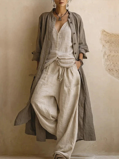 Long Sleeves Loose Buttoned Pockets Solid Color V-Neck Three Pieces Set