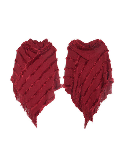 Hooded Keep Warm Solid Color Tasseled Cape Shawl&Cloak