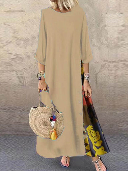 Loose Plus Size Buttoned Contrast Color Printed Round-Neck Midi Dresses