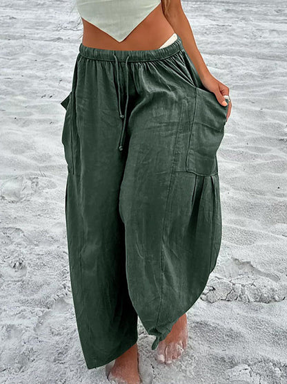 Pantalon taille haute ample avec cordon de serrage et poches plissées, couleur unie 