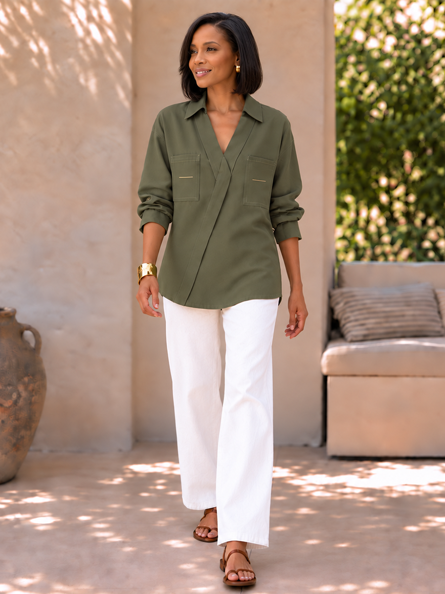 Split-Joint Pockets Contrast Color Asymmetric Three-quarter Sleeves V-neck Blouses&shirts Tops