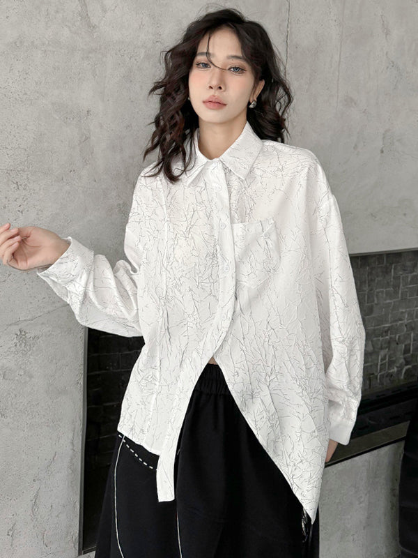 Irregularity Long Sleeves Abstract Printed Asymmetric Buttoned Wrinkled Lapel Blouses&Shirts Tops
