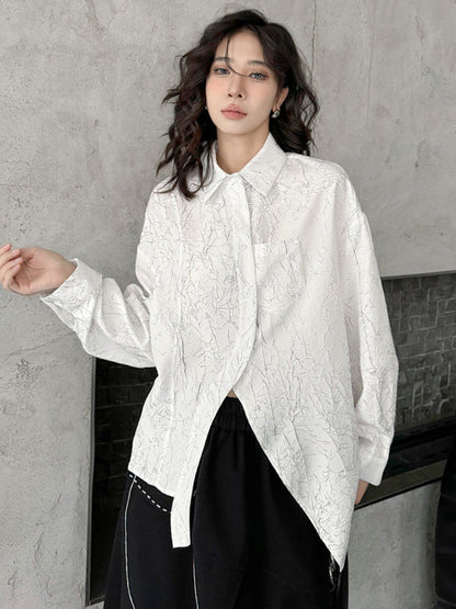 Irregularity Long Sleeves Abstract Printed Asymmetric Buttoned Wrinkled Lapel Blouses&Shirts Tops