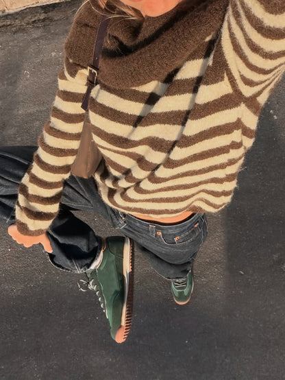 Striped Contrast Color Loose Long Sleeves Off-the-shoulder Sweater Tops