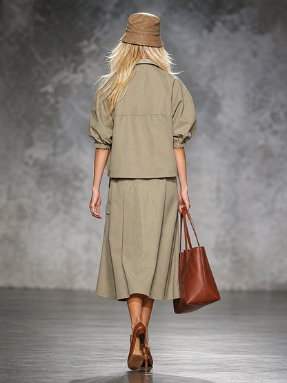 Zipper Drawstring Contrast Color Loose Half Sleeves Lapel Outerwear