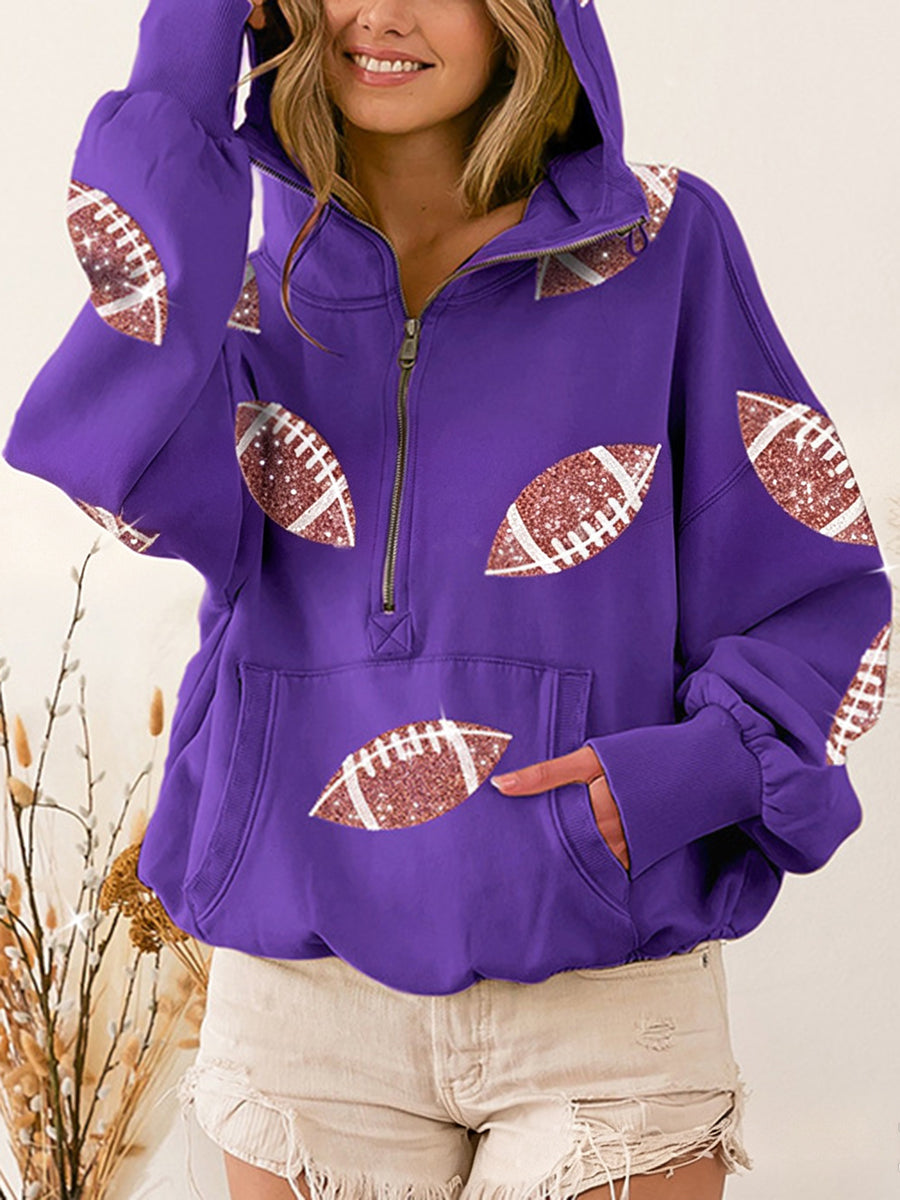 Zipper Split-Joint Ribbed Printed Pockets Drawstring Loose Long Sleeves Hooded Sweater Pullovers
