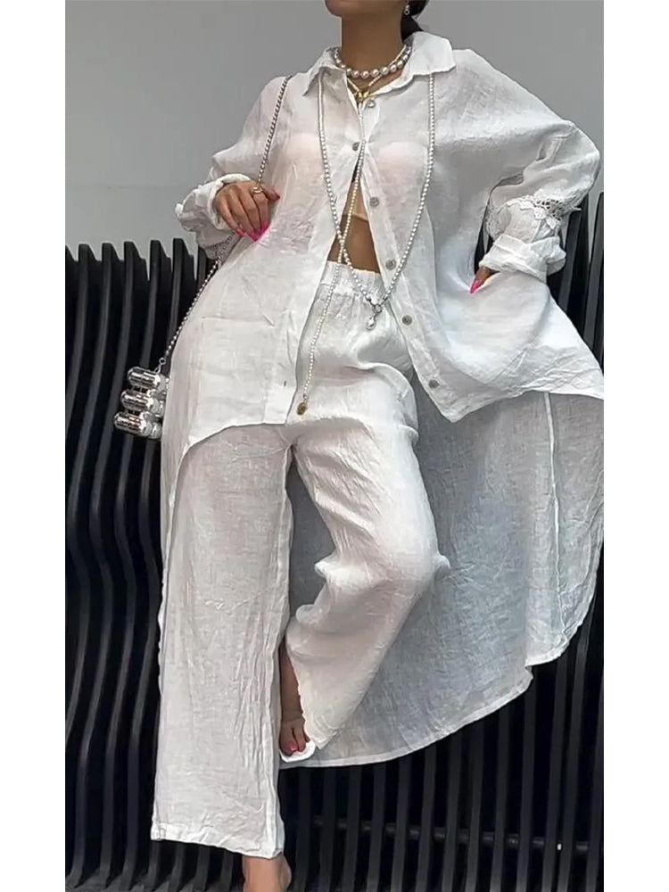 Irregular Hem Long Sleeve Top and Pants Set White S