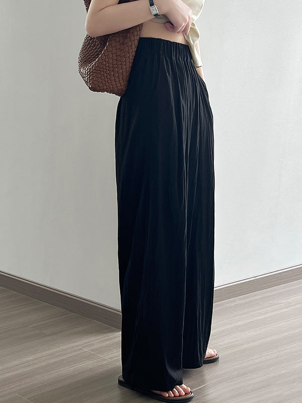 High Waisted Wide Leg Elasticity Pleated Solid Color Casual Pants Bottoms Trousers