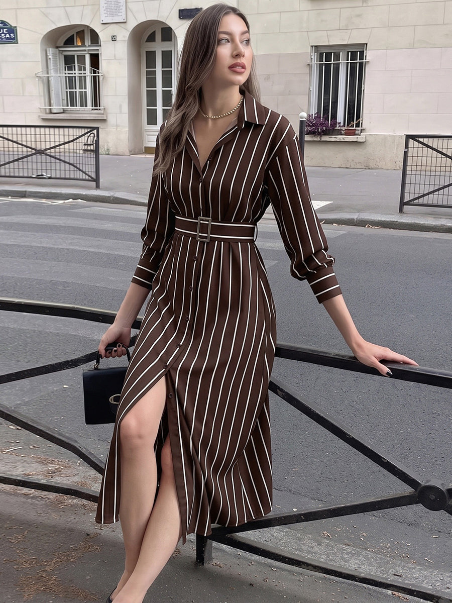 Striped Split-front Buttoned Belted Three-quarter Sleeves High Waisted Lapel Shirt Dress Maxi Dresses