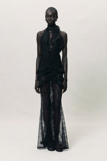 Dario Flower Plunge Lace Maxi Dress