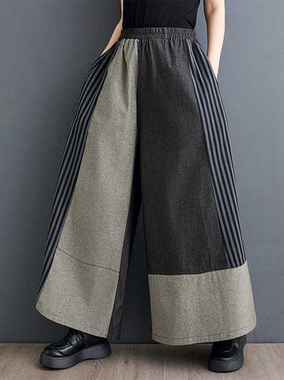 Pantalon taille haute ample à rayures et poches élastiques 