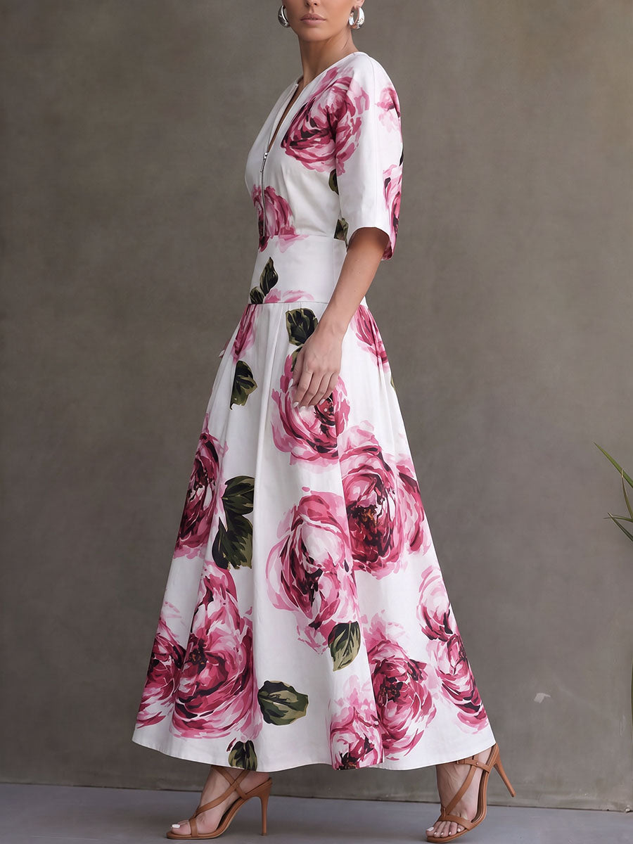Zipper Split-Joint Pockets Flower Print High Waisted Half Sleeves Round-neck Maxi Dresses