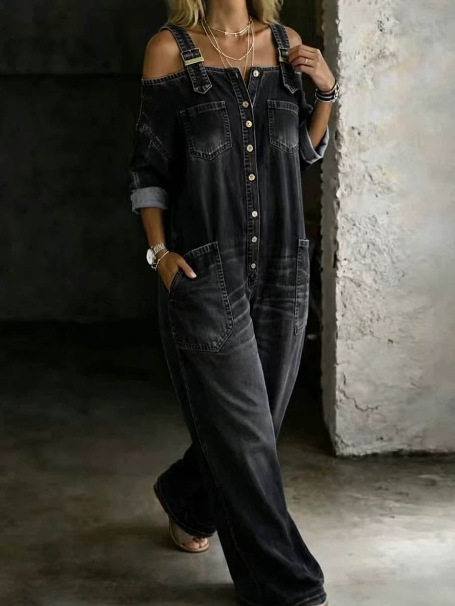 Long Sleeves Loose Buttoned Pockets Solid Color Adjustable Straps Overalls