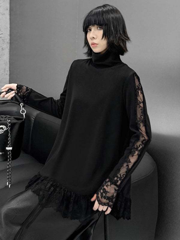 Hipster Long Sleeves See-Through Split-Joint High Neck T-Shirts Tops