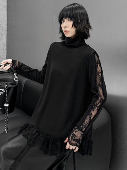 Hipster Long Sleeves See-Through Split-Joint High Neck T-Shirts Tops