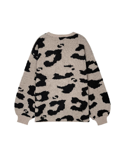Long Sleeves Loose Contrast Color Leopard Print Cardigan Tops