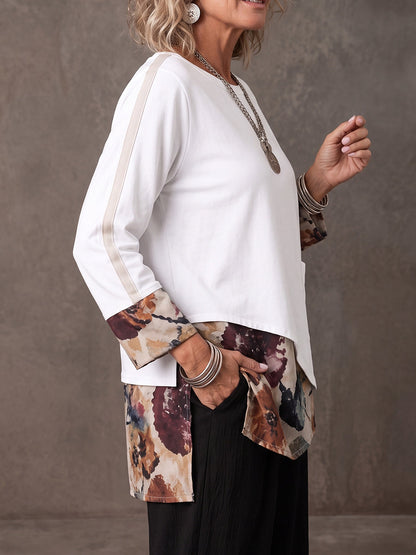 Split-side Split-Joint Printed Pockets Loose Long Sleeves Round-neck T-Shirts Tops