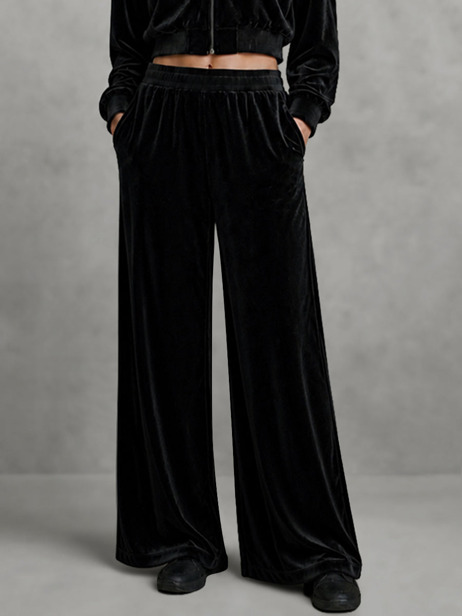 Velvet Solid Color Pockets Elasticity Wide Leg Loose Trousers Pants
