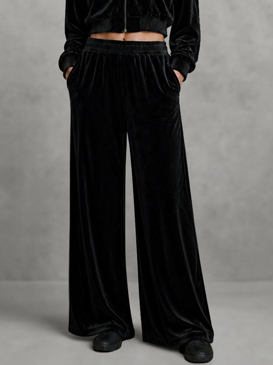 Velvet Solid Color Pockets Elasticity Wide Leg Loose Trousers Pants