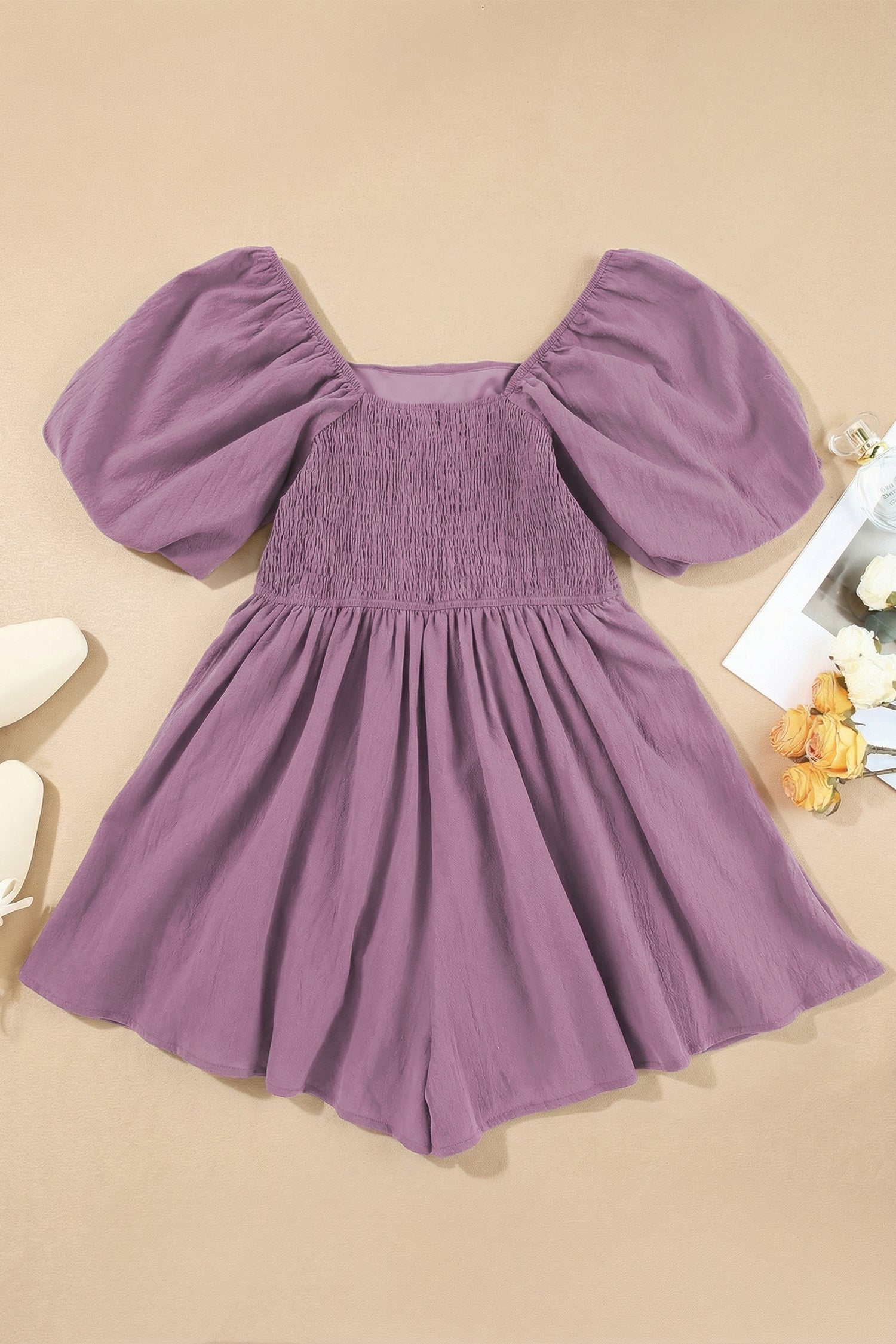 Jungle Green Square Neck Ruched Puff Sleeve Romper