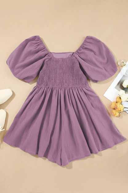 Jungle Green Square Neck Ruched Puff Sleeve Romper