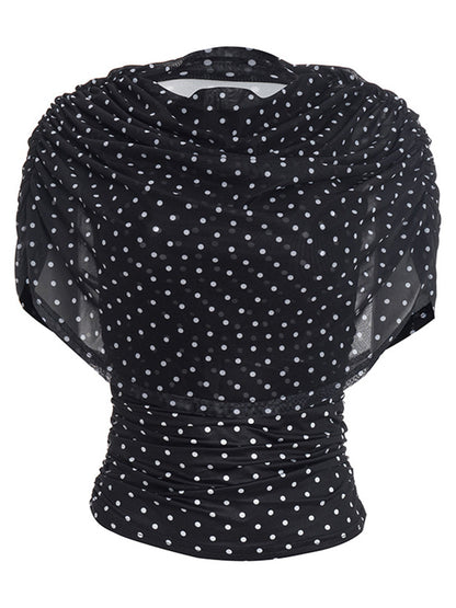 See-Through Ruched Polka-Dot Contrast Color Sleeveless Skinny Heaps Collar Blouses&shirts Tops