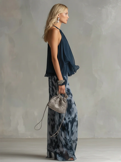 A-Line Sleeveless Pleated Ruffled Solid Color Halter-Neck Tank Top