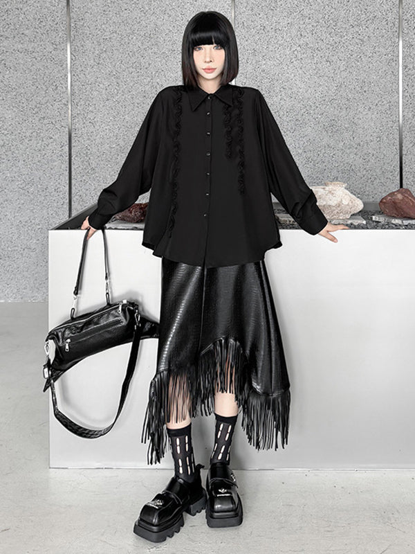 Hipster Long Sleeves Buttoned Falbala Ruffled Solid Color Split-Joint Lapel Blouses&Shirts Tops