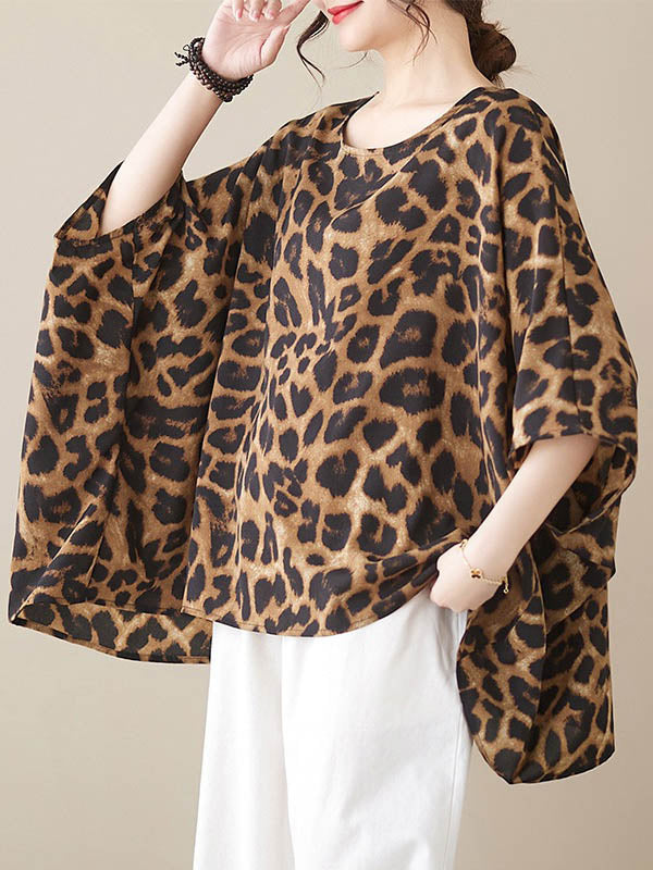 Batwing Sleeves Loose Leopard Round-Neck T-Shirts Tops
