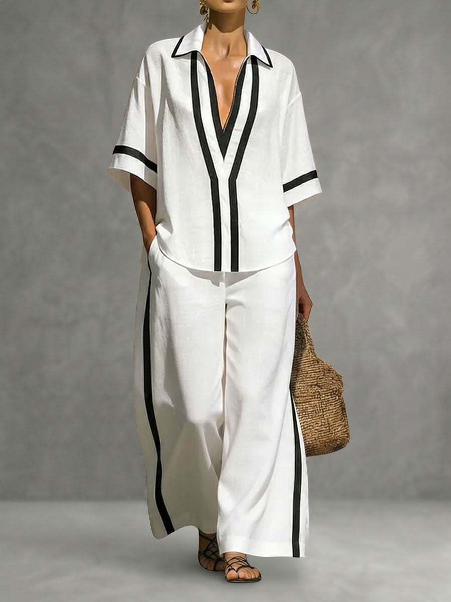 High Waisted Wide Leg Contrast Color Pockets Pants Trousers