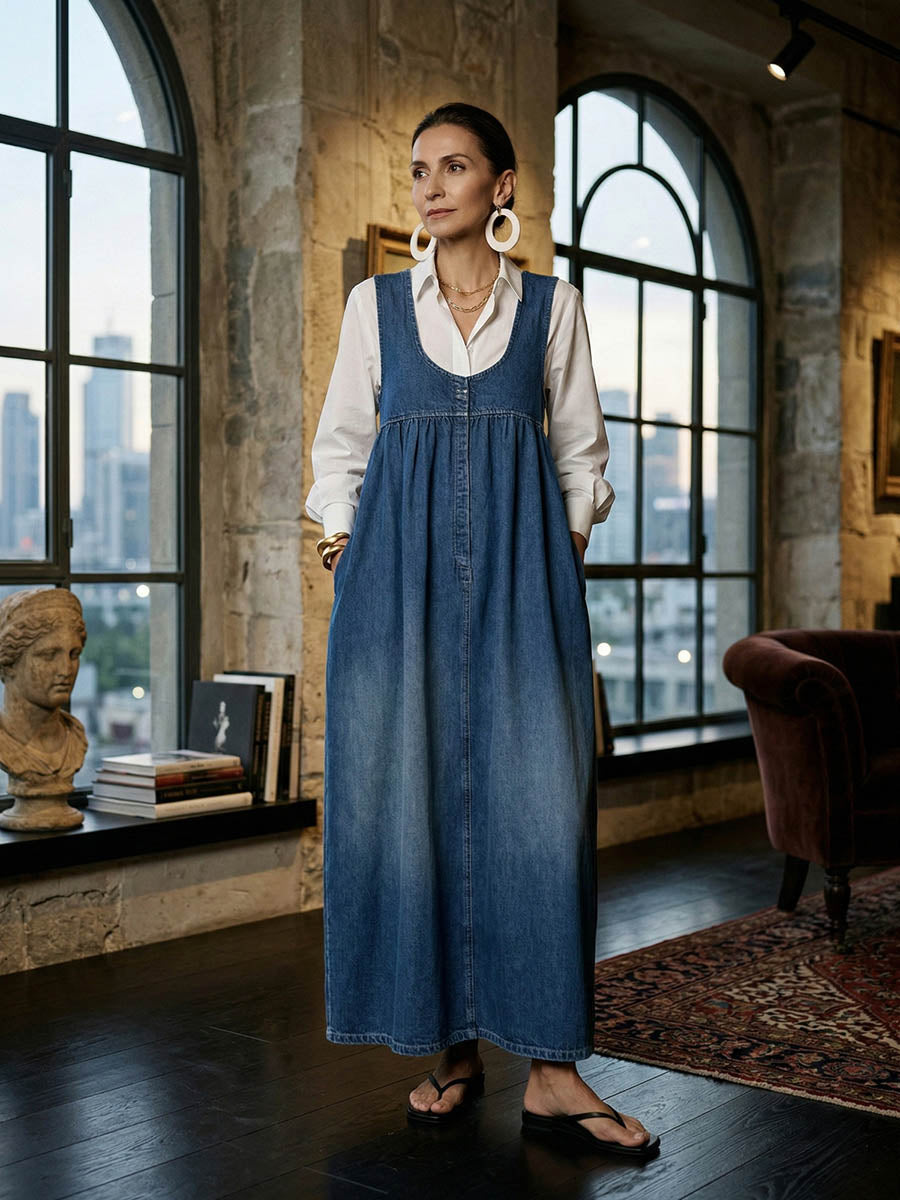 A-Line Loose Pleated Pockets Solid Color U-Neck Maxi Dresses