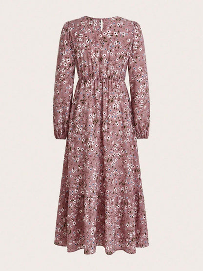 Flora | Women's Floral Print Bishop Sleeve Smocked Waist Maxi Dress