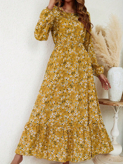 Flora | Women's Floral Print Bishop Sleeve Smocked Waist Maxi Dress