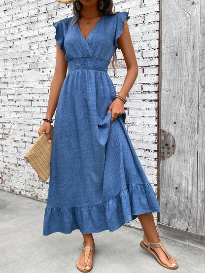 Luna | Women's V-Neck Smocked Waist Ruffle Hem Maxi Dress