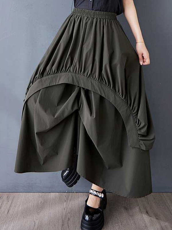 A-Line Loose Asymmetric Elasticity Pleated Pockets Solid Color Skirts Bottoms