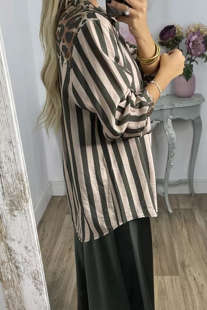 Casual Stripe Leopard Patchwork Contrast Shirt Collar Tops