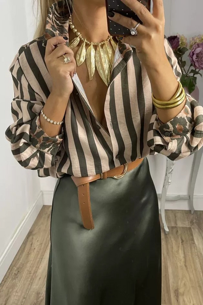 Casual Stripe Leopard Patchwork Contrast Shirt Collar Tops