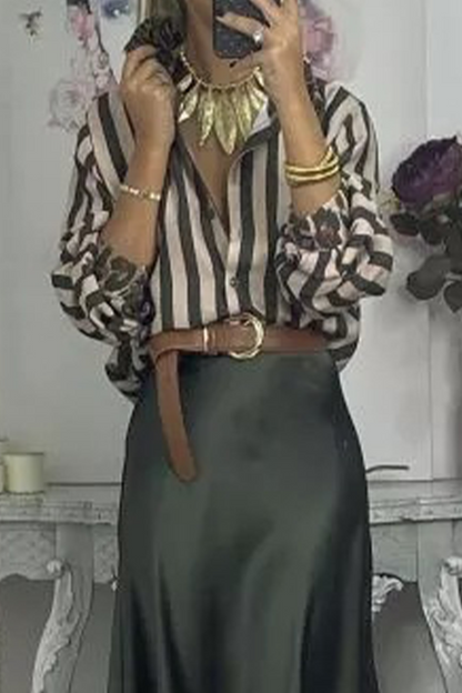 Casual Stripe Leopard Patchwork Contrast Shirt Collar Tops